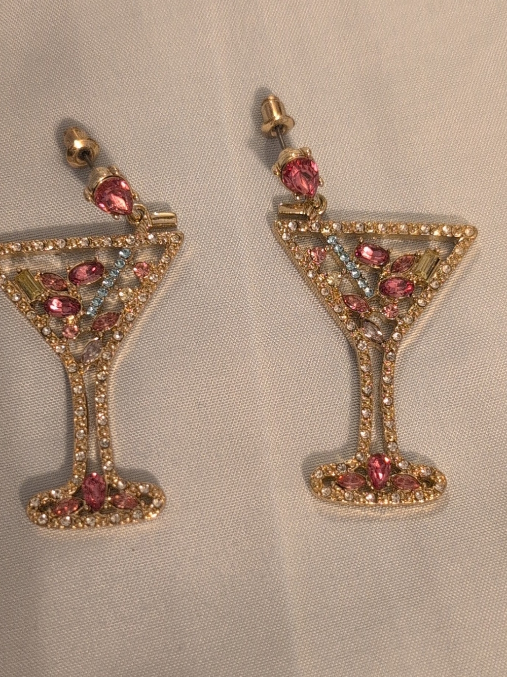 Gold-Tone Pink Crystal Martini Glass Drop Earrings - Women Jewelry